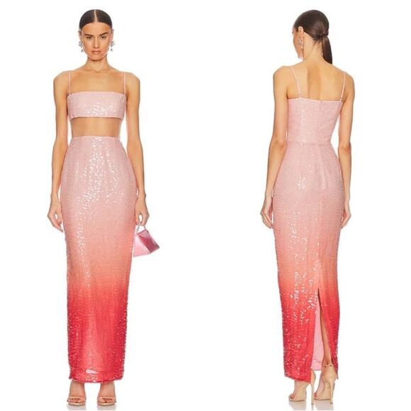 Sau Lee Talia Blush Red Ombre Sequin Mesh Cutout Maxi Dress Size 0 - Picture 1 of 9